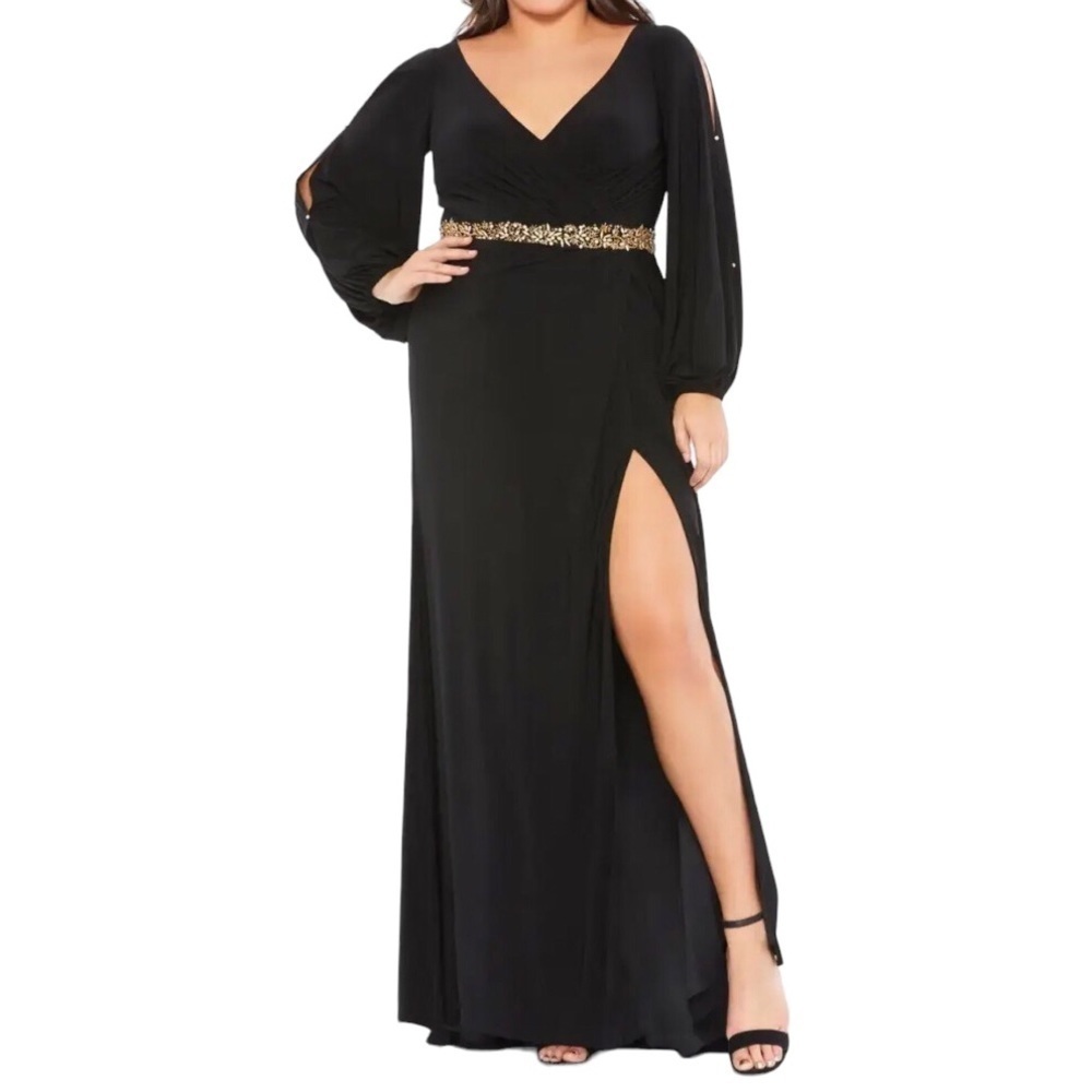 Mac Duggal Jersey V Neck Maxi Dress Gold Beaded Size 20 Leg Slit Formal